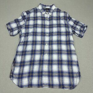 Banana Republic Linen Shirt Mens Large Blue White Plaid Camden Fit Short Sleeve